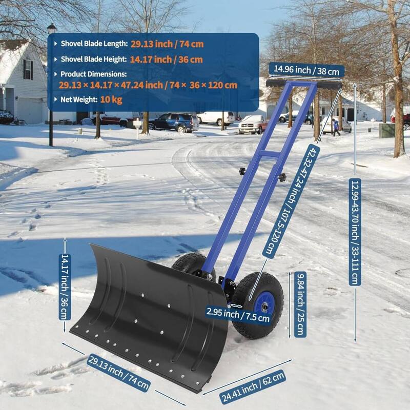 29.13x14 in Heavy Duty Rolling Snow Pusher Shovel for Driveway, Doorway, Sidewalk