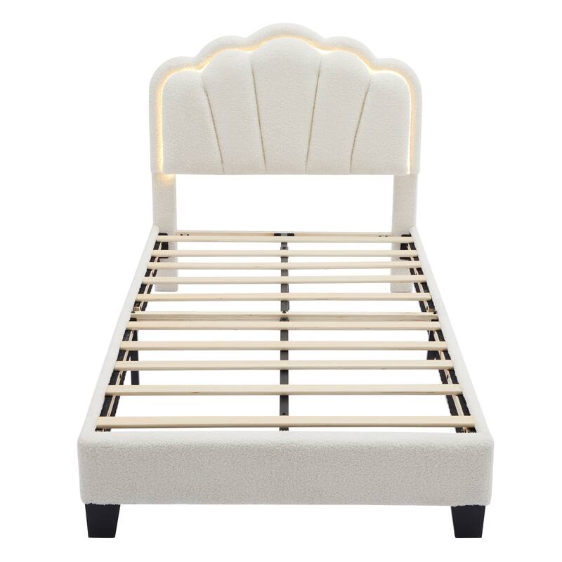 Sherpa Fabric Upholstered Platform Bed with Elegant Flowers Headboard and Wooden Slats Support