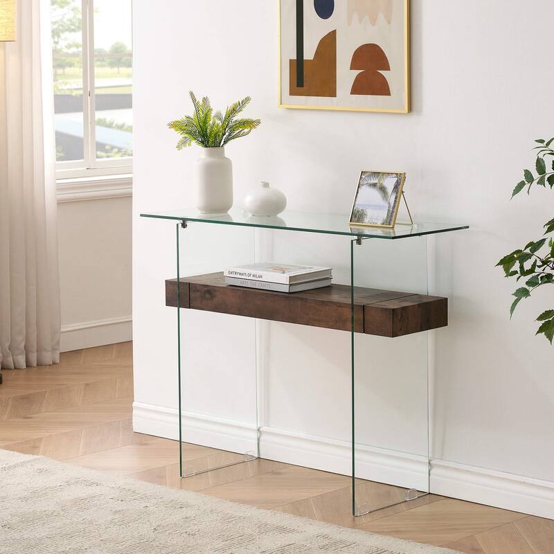 ivinta Glass Console Table with Storage, Small Narrow Entryway Table for Living Room, 39.4" Modern Sofa Table - Brown
