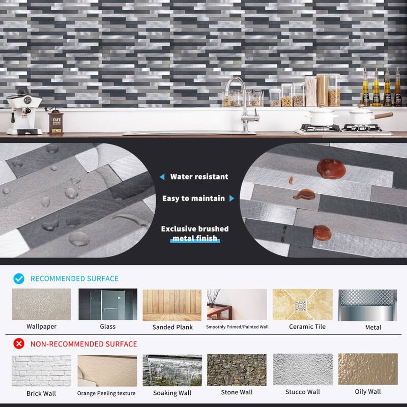 Art3d 10-Sheet 12x12 in. Metal Peel and Stick Tile Backsplash for Kitchen, Matt Black, Gray, White