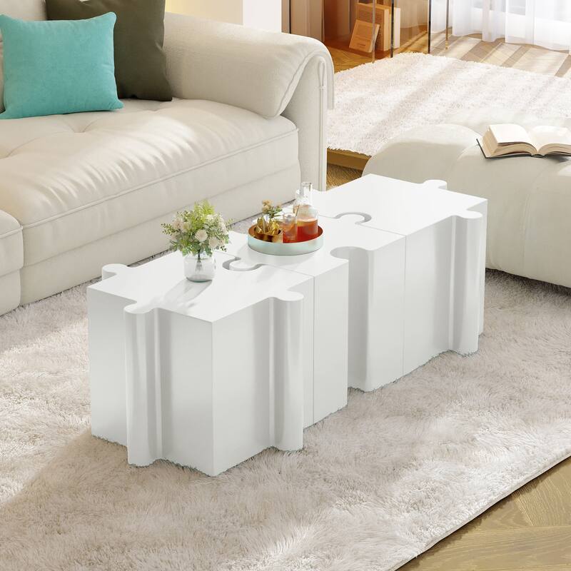 Christopher Knight Home - Joli Puzzle Art Modern 3-Piece Modular Outdoor Side Table Set with Interlocking Design - White