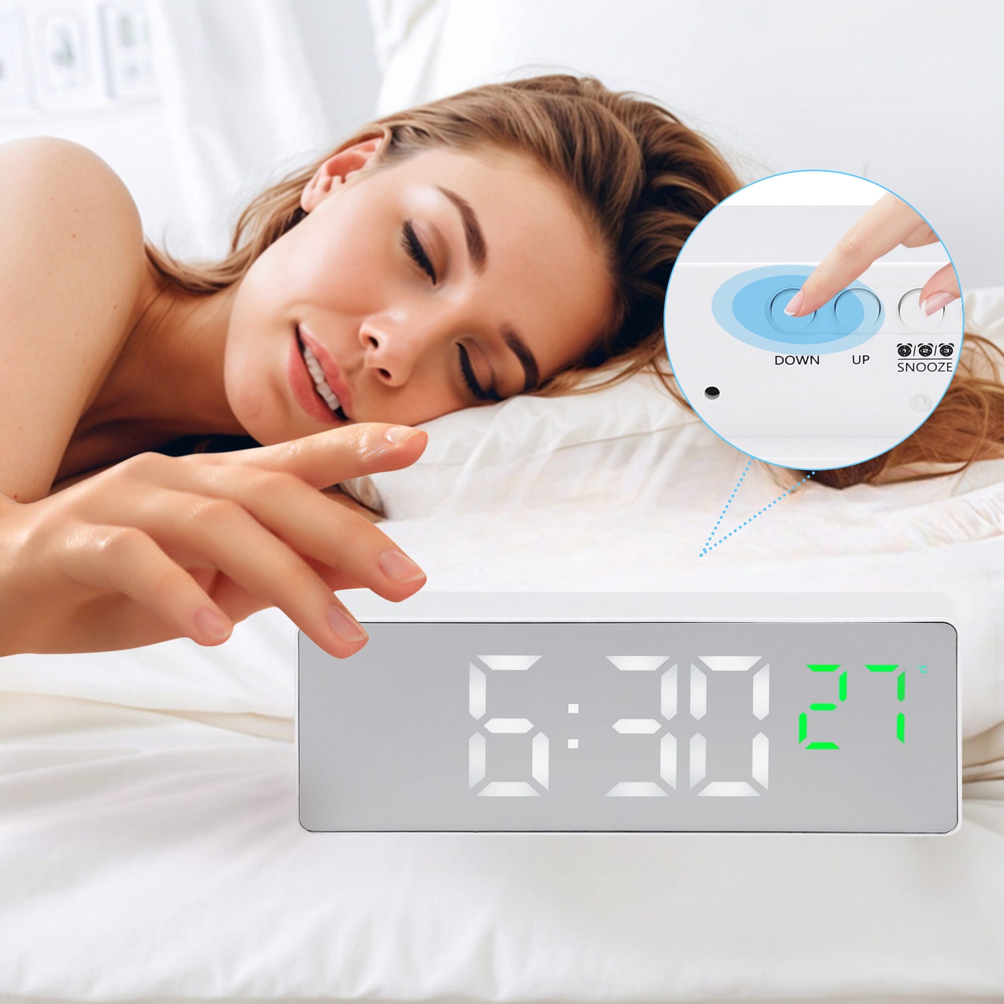 Three Alarm Clock Snooze Function Big Numbers Display Battery