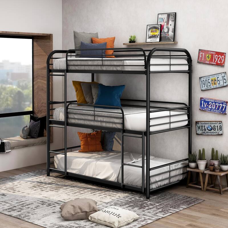 Zord Transitional Twin Metal Triple Bunk Bed with Slatted Guardrails by Furniture of America