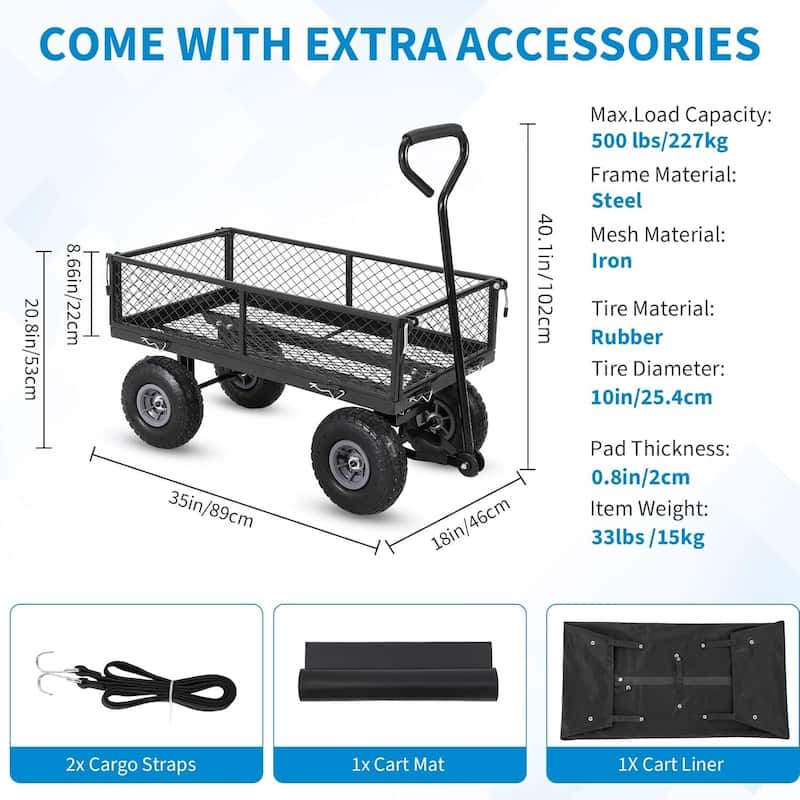500 Lbs Capacity Folding Utility Heavy Duty Steel Garden Cart Wagon for Lawn, Yard, Farm