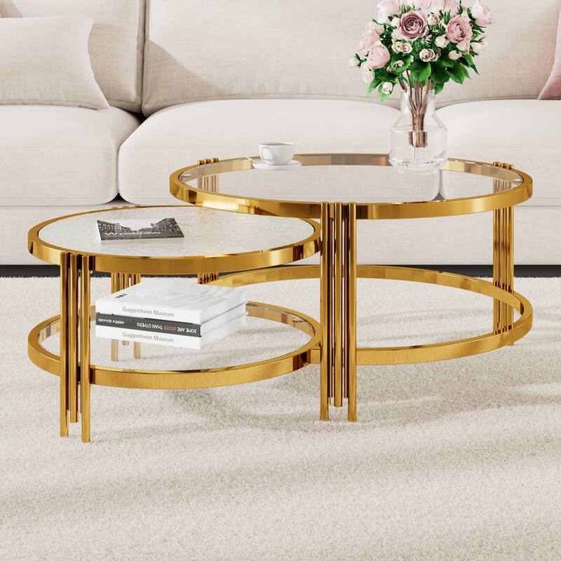2-Piece Nesting Coffee Table Set, Round Glass Top Center Table with Lower Shelf, 2-Tier Metal Frame Storage Accent Tables
