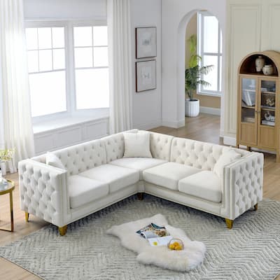 Beige 82.2'' Velvet Chesterfield 5-Seater L-Shaped Sofa with Nailhead Trim, Tufted Backrest, and Metal Legs