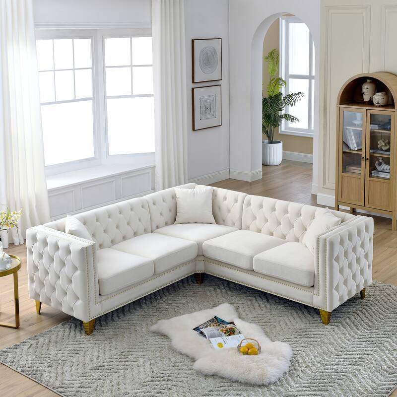82.2' Velvet Corner Sofa , L-Shaped Sectional Couch with 3 Cushions for Living Room and Bedroom and Apartment - Beige