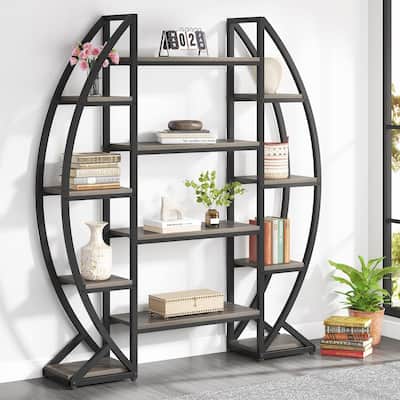 Industrial Bookshelf, Oval Triple Wide 5 Tiers Etagere Bookcase - 11.81"D x 55.11"W x 69.68"H