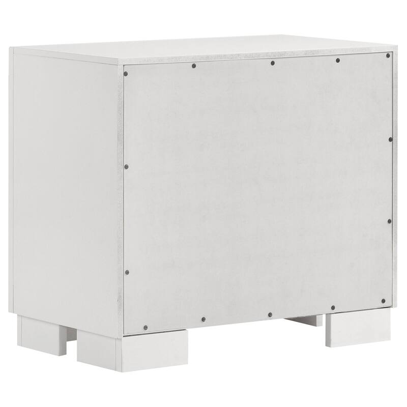Sleek White 2-Drawer Wooden Nightstand with Silver Handles and Ample Storage for Modern Bedrooms
