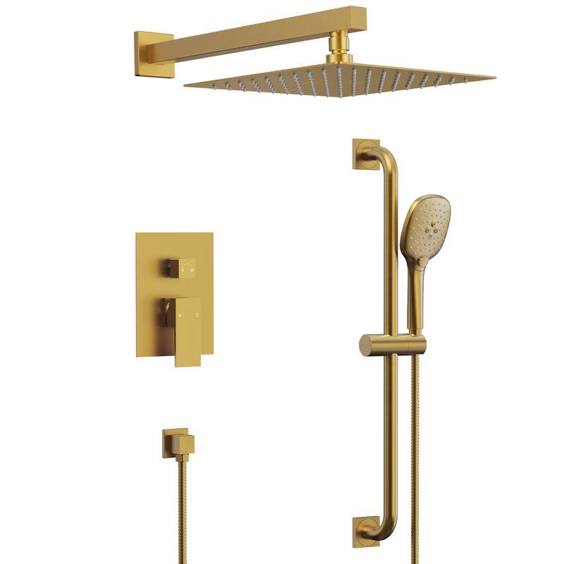 GRANDJOY 2-Spray Concealed Rain Shower System with Handheld, Wall-Mount Modern Design - Brushed Gold