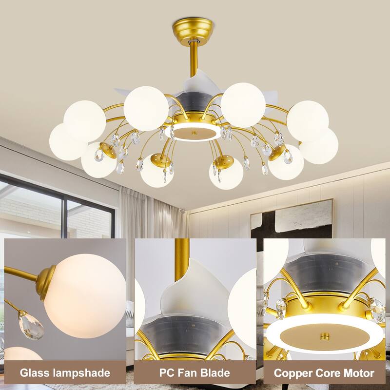 31in. Indoor Gold Modern Ceiling Fan with Light, Reversible Fandelier with Light Bulbs and Remote for Living Room