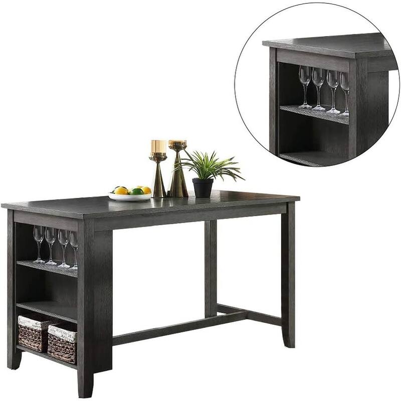5 Piece Counter Height Dining Table Set, Wooden Kitchen Dining Table Set, Breakfast Table with 3-Tier Shelf & 4 Chairs