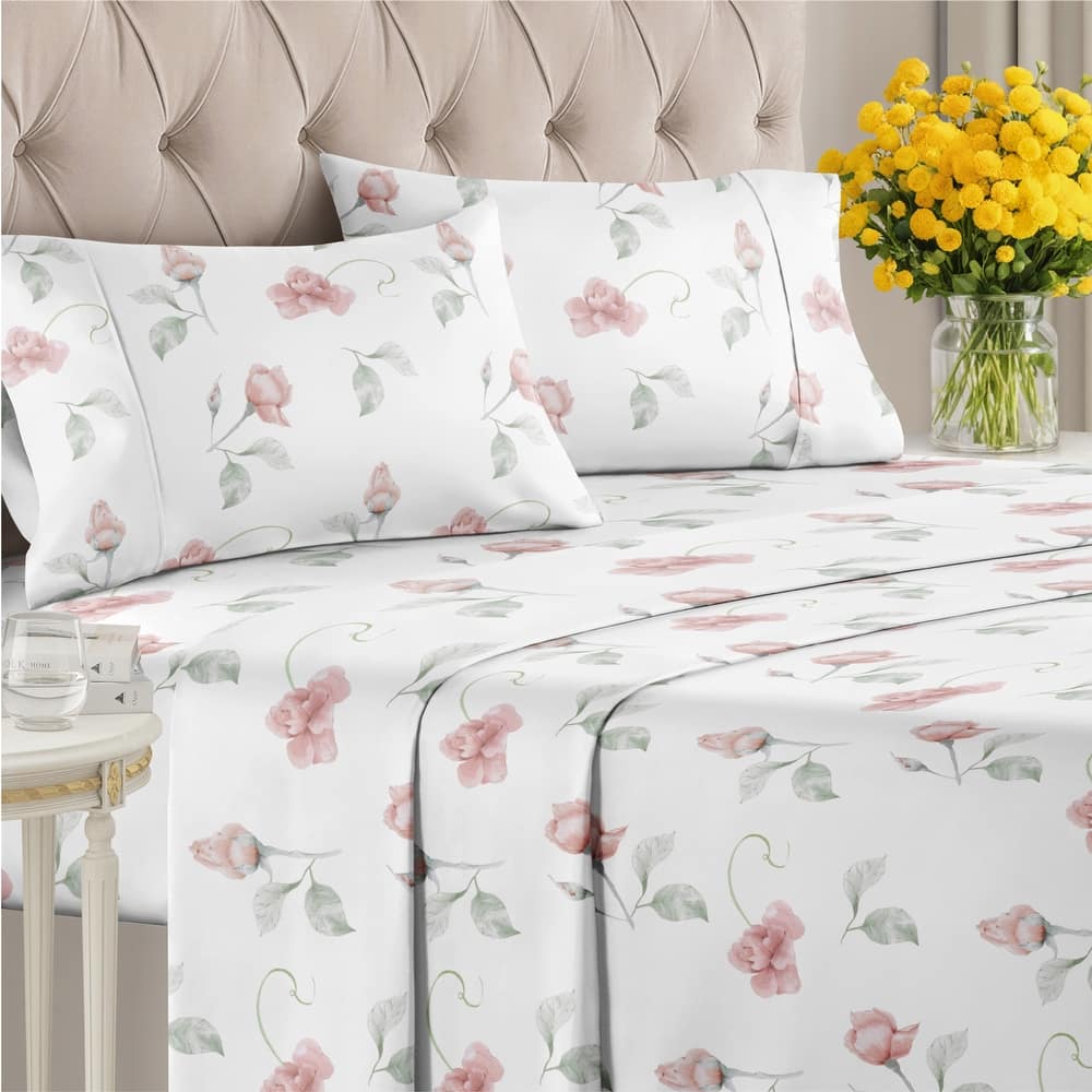CGK Linens Luxurious 4 Piece Floral Sheet Set,Deep Pocket, Soft, Wrinkle-Resistant Pastel Botanical Bed Sheets