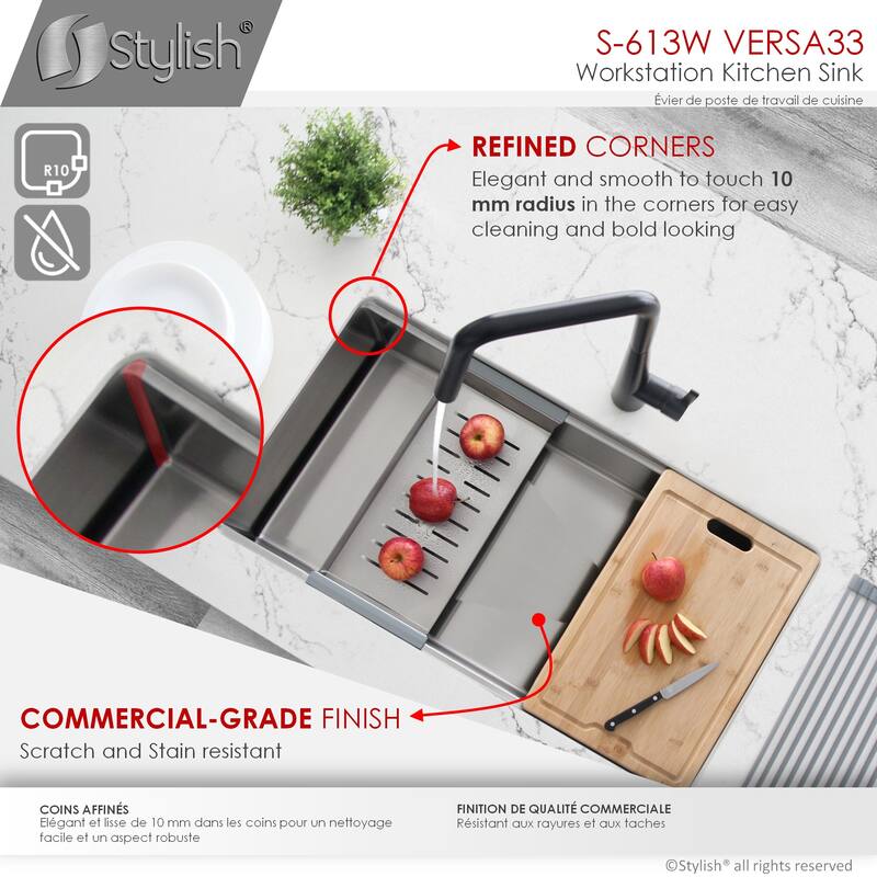 Undermount 33" Workstation Single-Bowl Stainless Steel Kitchen Sink
