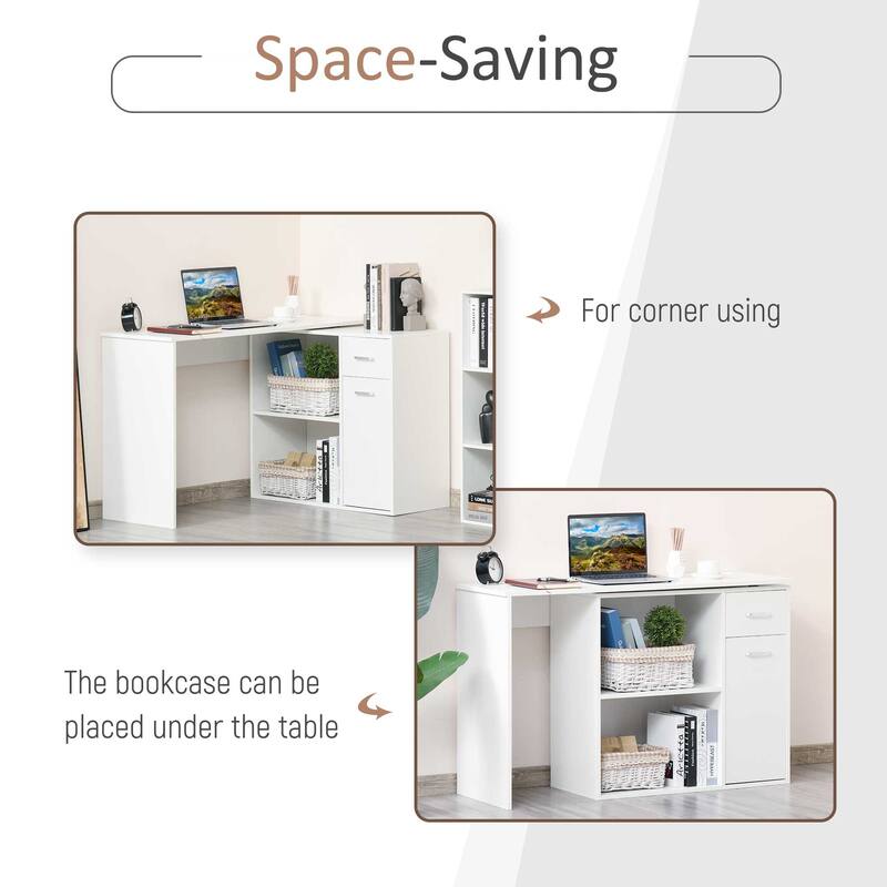 L Shaped Computer Desk, 180° Rotating Corner Desk with Storage Shelves - White