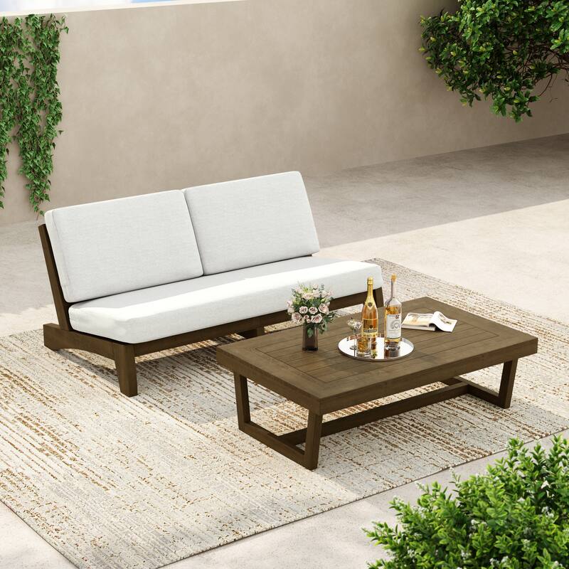3-Seat Outdoor Sofa Set with Solid Wood Coffee Table, Weather-Resistant Cushions - Beige/Coffee Table - Brown Wood