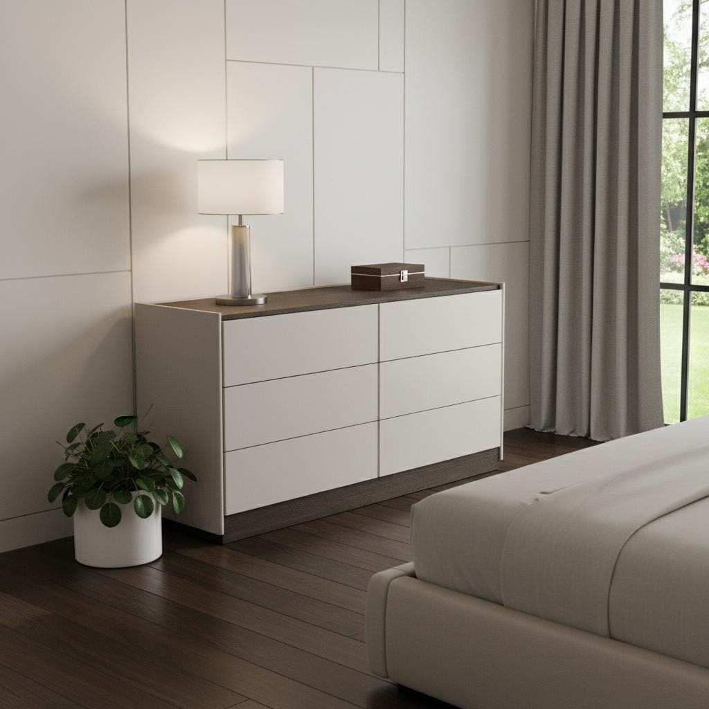 HomeRoots 60" Light Gray And Walnut Wood Six Drawer Double Dresser