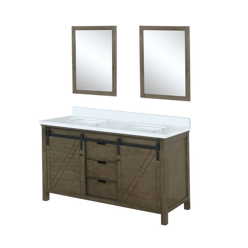 Marsyas 60 in W x 22 in D White Double Bath Vanity, Grey Quartz Countertop and 24 in Mirrors