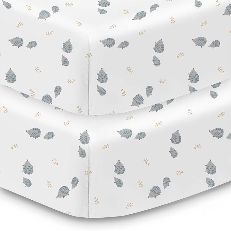BreathableBaby Cotton Percale Fitted Sheet, For 52" x 28"/132 x 71 cm Crib & Toddler Bed Mattress, Prints (2-Pack) - Hedgehogs