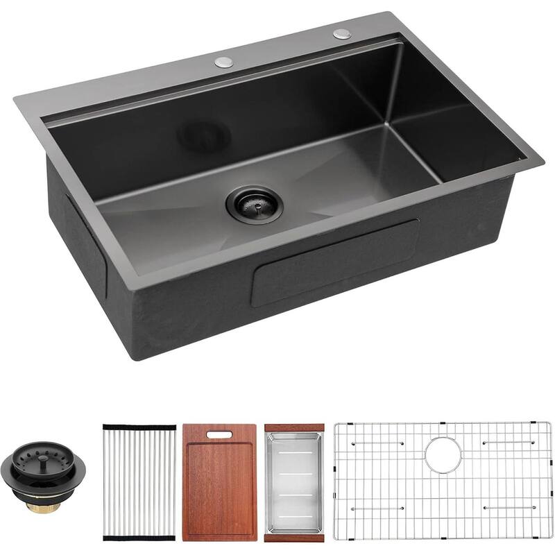 33In Gunmetal Black Drop in Workstation kithchen Sink 16 Gauge Topmount Drop in Single Bowl Stainless Steel Kitchen Sink