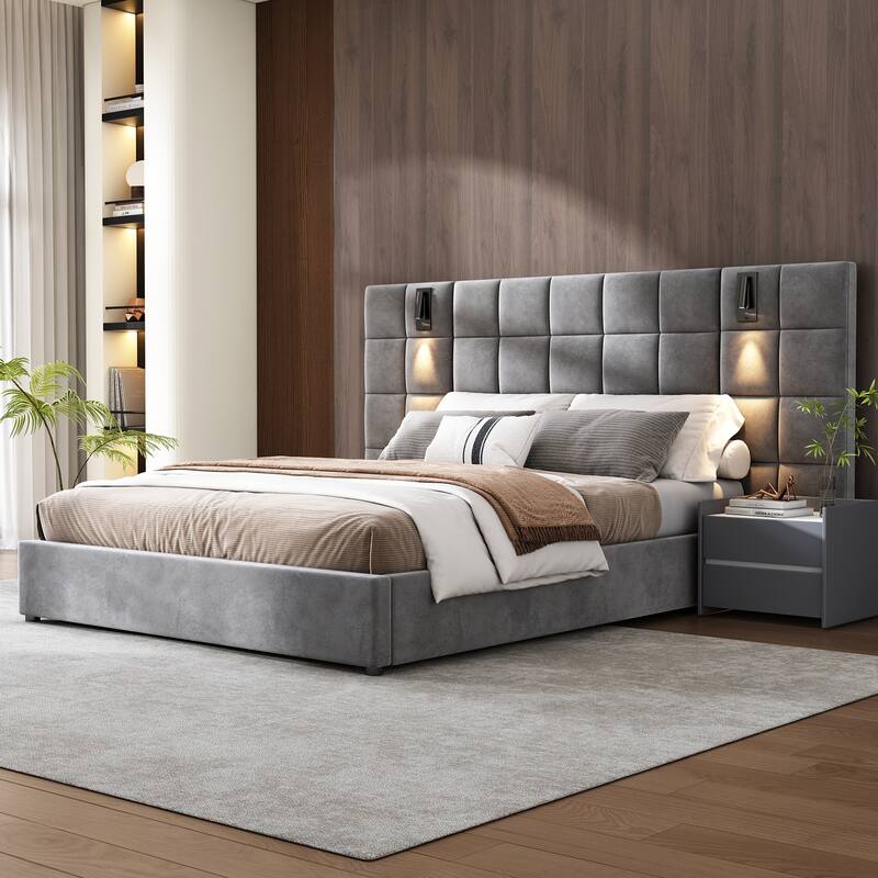 Grey Velvet Upholstered Queen Bed with USB Reading Lamp and Wide Headboard