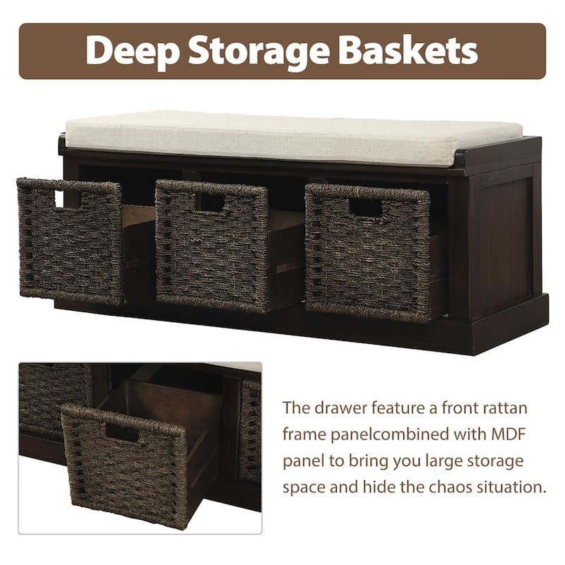 Merax Entryway Storage Bench with 3 Removable Baskets and Cushion