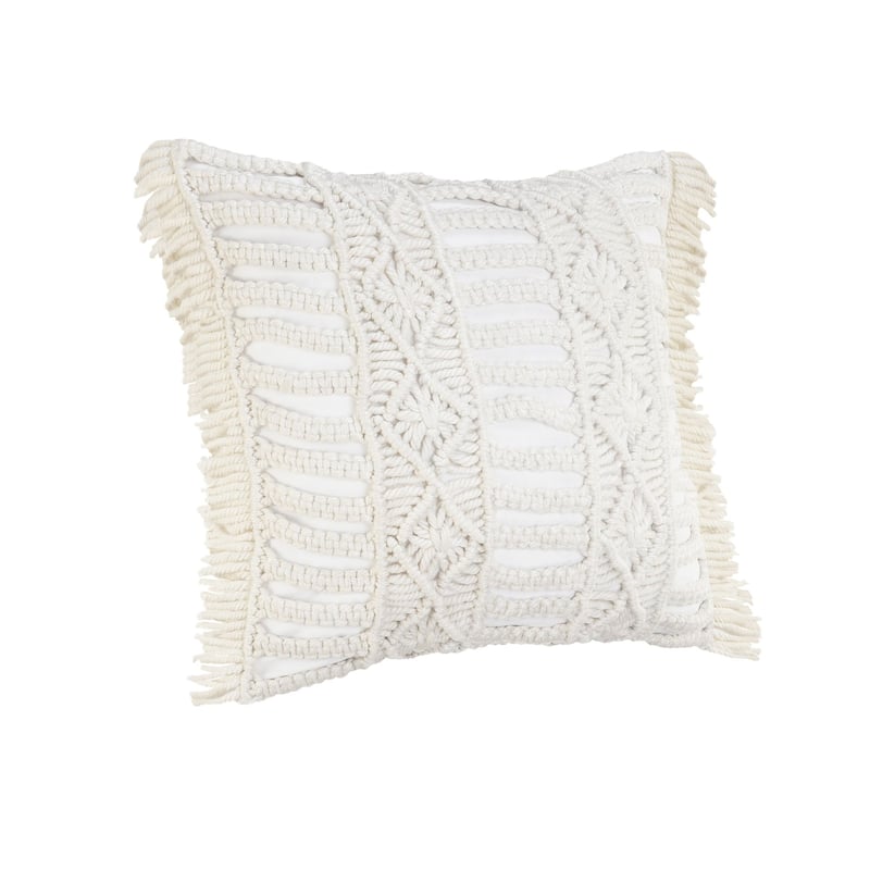 24" White Macrame Outdoor Square Throw Pillow