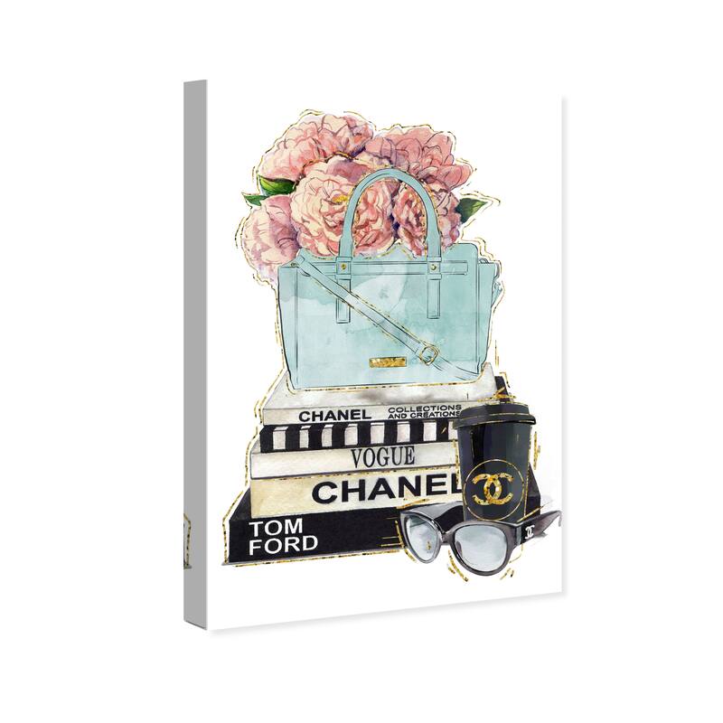 Wynwood Studio Fashion and Glam Blush Flowers Blue Purse and Books Light Pink Modern & Contemporary Wall Art Canvas Print