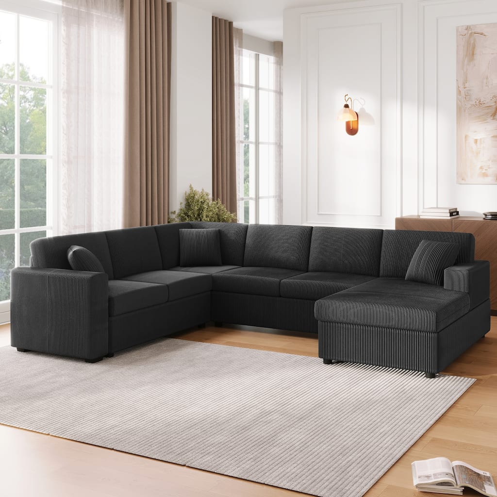 Roomfitters Oversized U-Shaped Sectional Sofa with Chaise Lounge and 3 Throw Pillows for Living Room