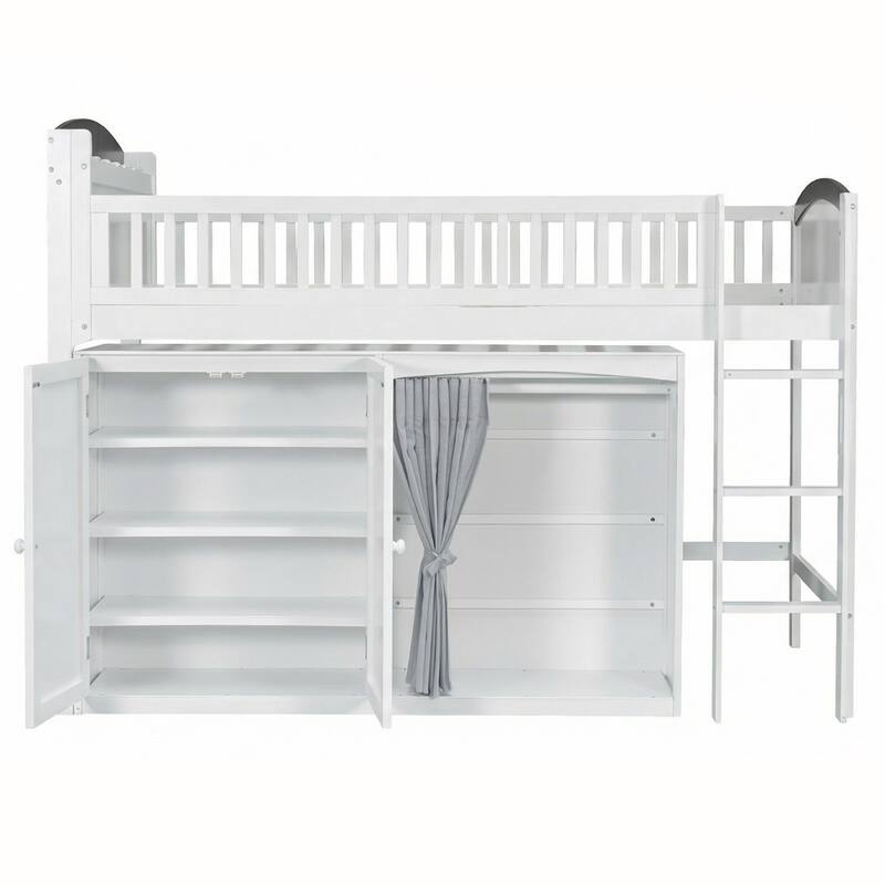Kids Wooden Loft Bed with Double Door Wardrobe, Storage Headboard Built-in LED, Storage Cabinet and Curtain for Children's Room