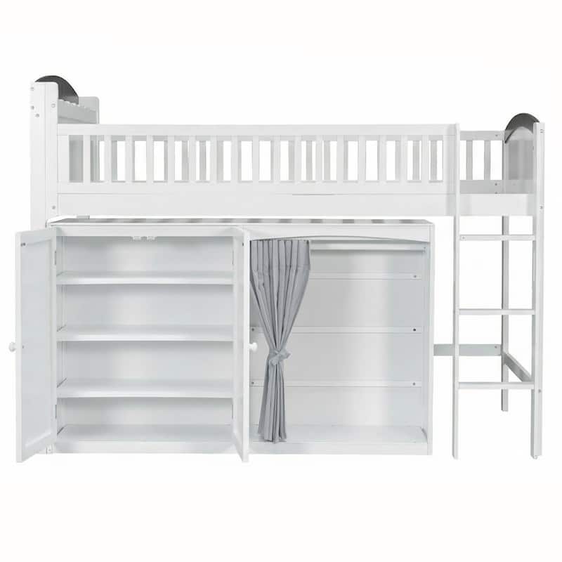 Twin Loft Bed with Built-in Wardrobe & Storage Cabinet, Space-Saving Design with LED Lighting