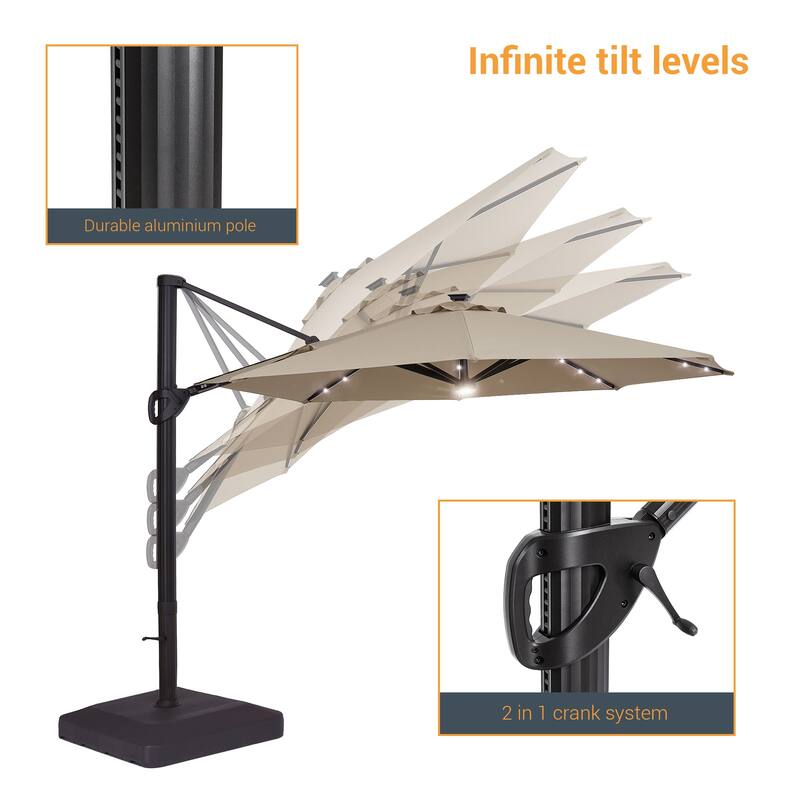 LIVOOSUN 11Ft LED Patio Hanging Octagon Cantilever Umbrella with 360-degree Rotating Canopy