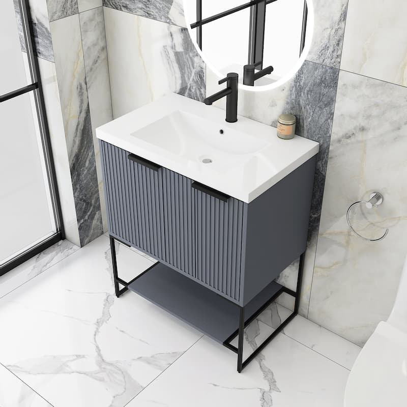 24"/30" Plywood Freestanding Bathroom Vanity Set with White Sink