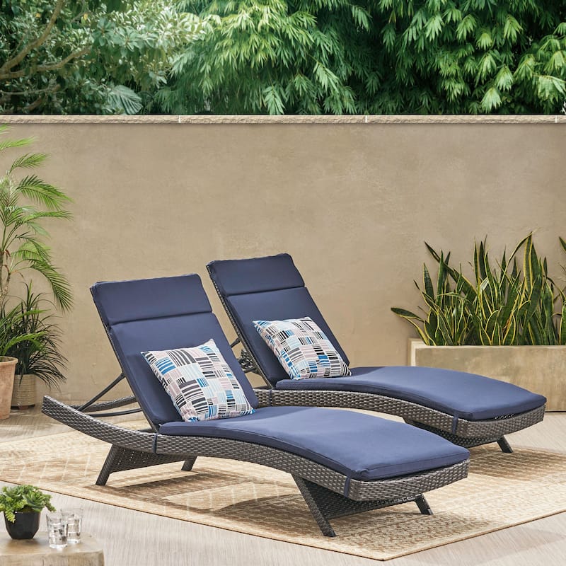 Salem Outdoor Wicker Lounge with Water Resistant Cushion (Set of 2) by Christopher Knight Home - Grey + Navy Blue