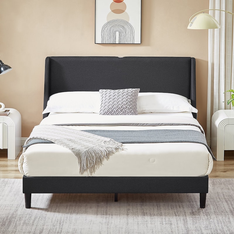 VECELO Bed Frame with Upholstered Wingback Headboard Platform Bedframe with Charging Station & Side Pockets