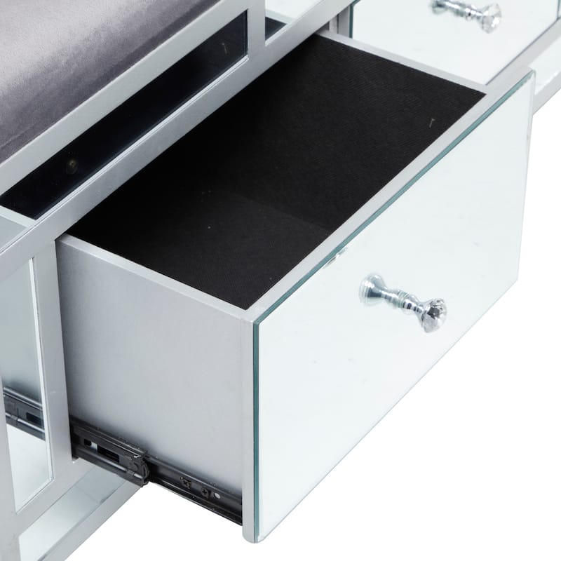 Gray or Cream Wood Mirrored 3 Drawer Bench with Upholstered Seat