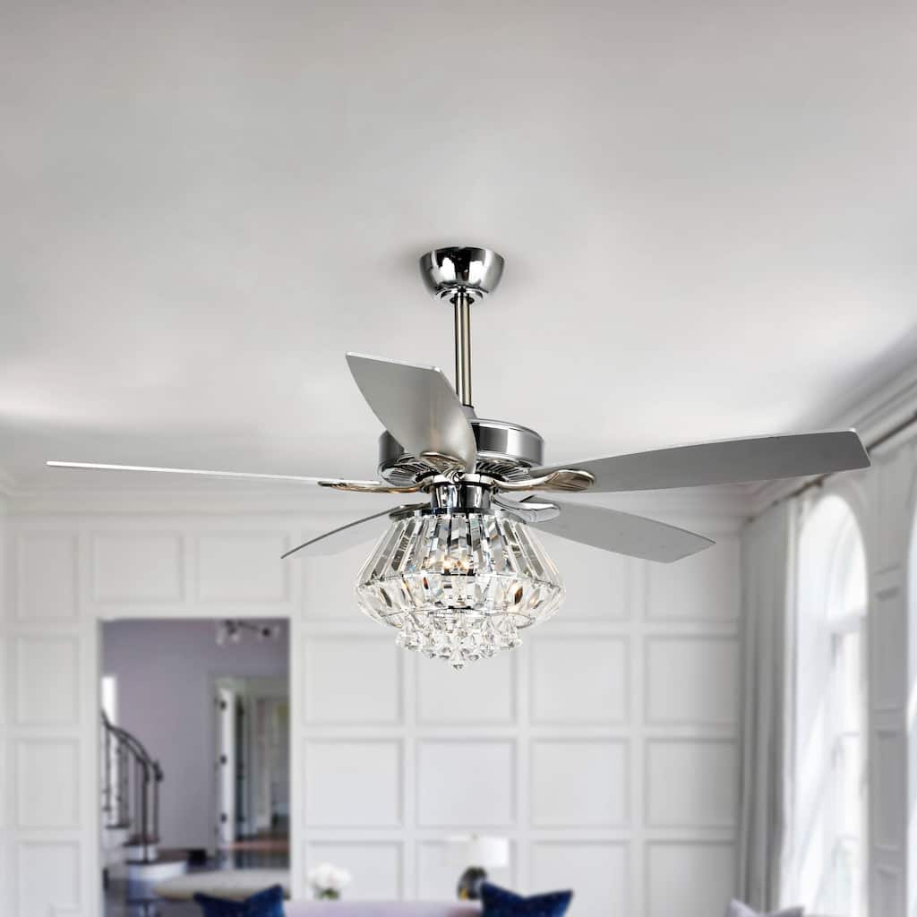 Glam Chrome 3-Light 5-Blades Crystal Chandelier Ceiling Fan with Remote and Light Kit - 52 Inches
