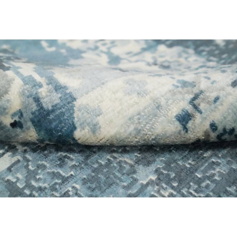 Hand Knotted Oriental Viscose Silk Carpet Modern Pictorial Navy Blue & Blues Abstract Area Rug - 7' 5'' X 5' 3''