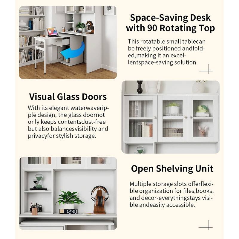 Computer Desk with glass door for Home Office or Study desk, Bookshelf & Hutch, Computer Desk with 90 Degree Rotating Desktop