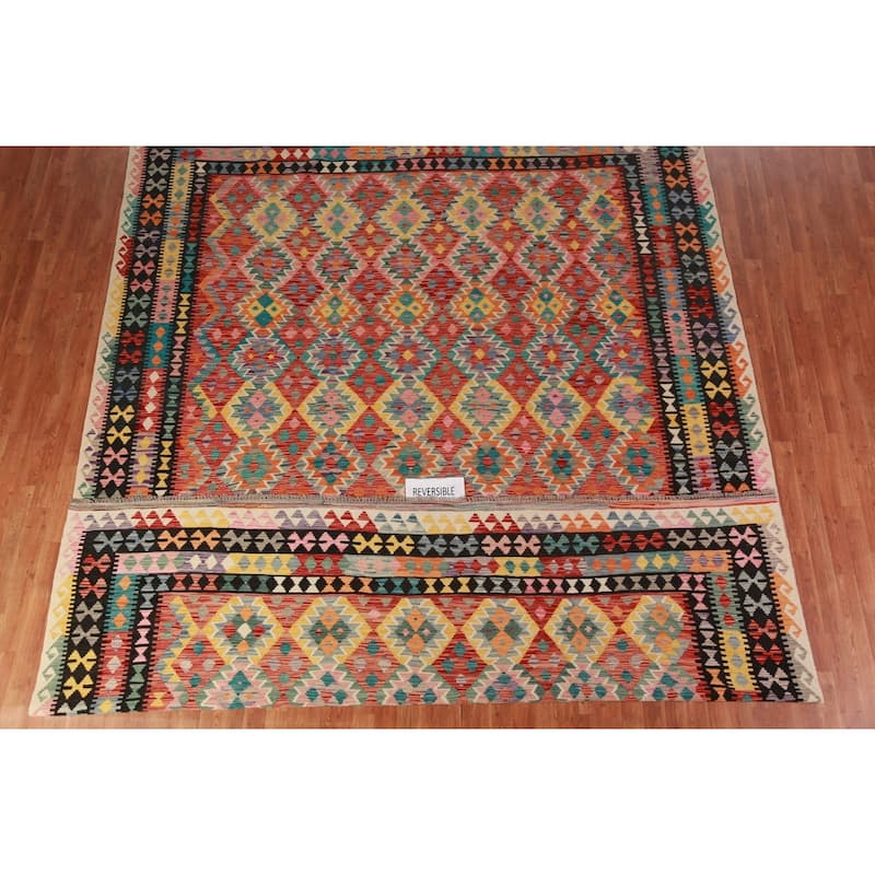Reversible Kilim Oriental Area Rug Flatweave Geometric Wool Carpet - 9'11"x 13'0"