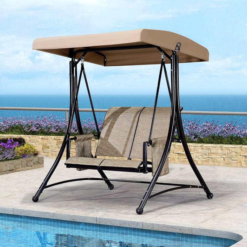 PURPLE LEAF Deluxe Outdoor Patio Porch Swing with Weather Resistant Steel Frame, Adjustable Tilt Canopy, Beige