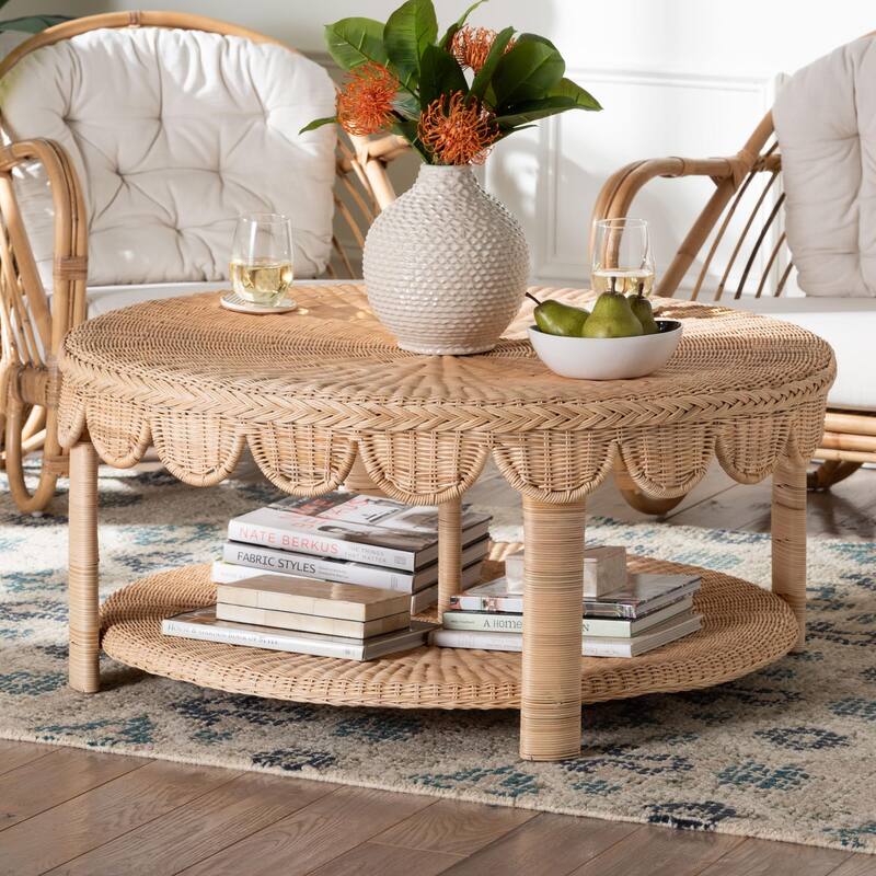 Latoya Natural Rattan Coffee Table - Handwoven Round Wicker Table with Scalloped Apron and Lower Shelf, Coastal Boho Style