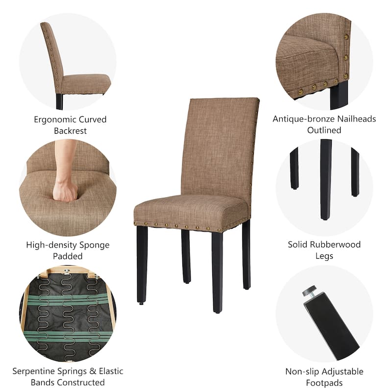 Glitzhome 38''H Set of 2 High Back Linen Fabric Studded Dining Chairs with Footpads