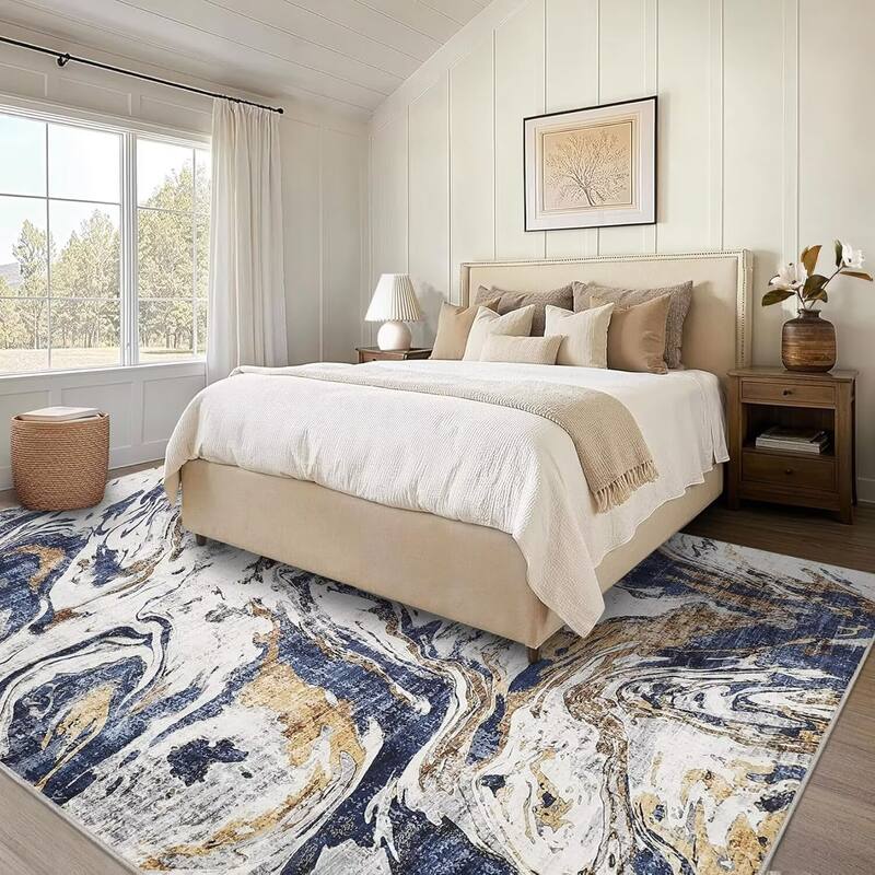 Modern Abstract Area Rug Washable Non-Slip Low Pile Rugs for Living Room Bedroom - 9'x12' - Blue