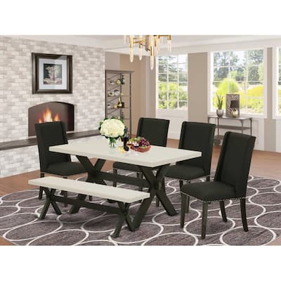 HomeStock 6-Pc Rectangle Natural Oak Finish Solid Wood Top Dining Table with 1-Bench, 4-Chairs