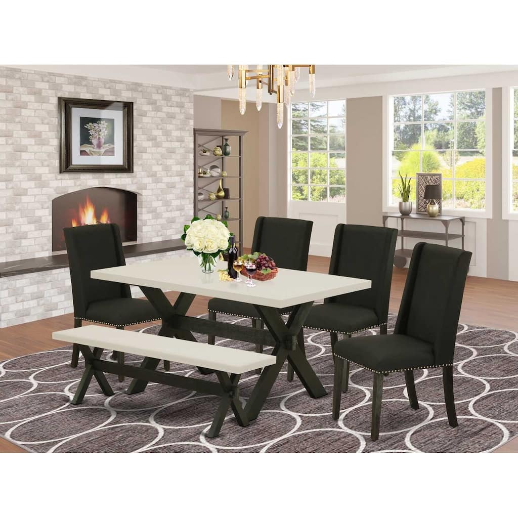 HomeStock 6-Pc Rectangle Natural Oak Finish Solid Wood Top Dining Table with 1-Bench, 4-Chairs