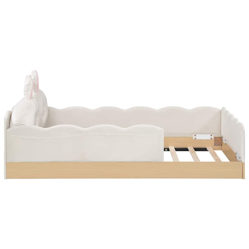 Twin Size Upholstered Bed with Bunny Ear Shape Pillows and Rabbit Tail Footboard, Storage Bags, Wave Frame Platform Bed