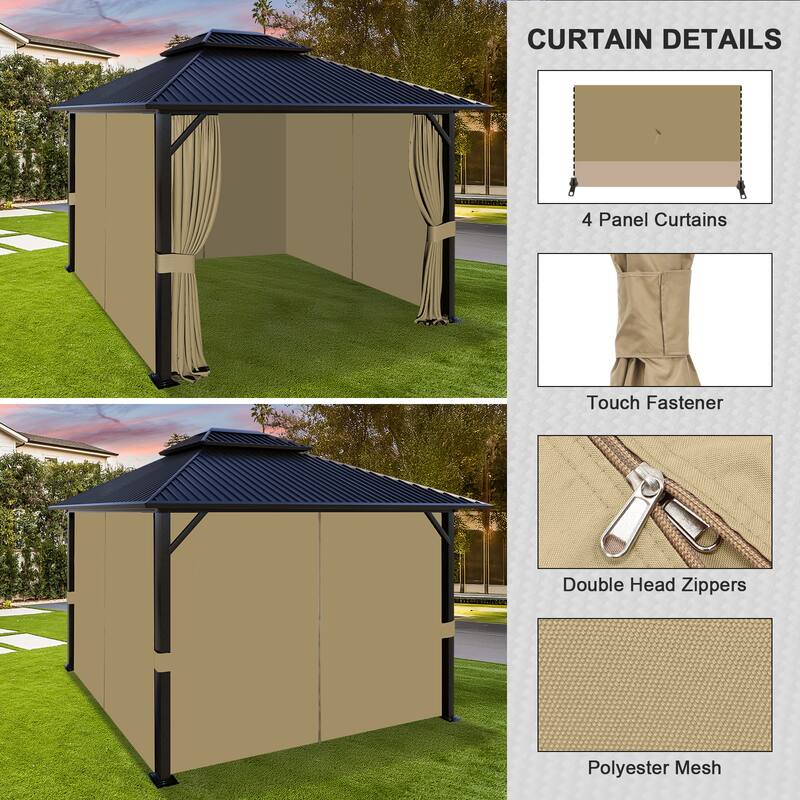 Aoodor Gazebo Curtain Replacement - Universal 4-Panel Sidewalls 10' x 13', Curtain Only