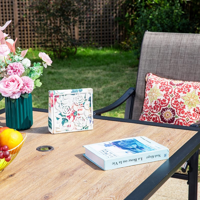 MAISON ARTS 5-Piece Patio Dining Set, 37 Inch Square Metal Table and 4 Textilene Fabric Padded Armchairs