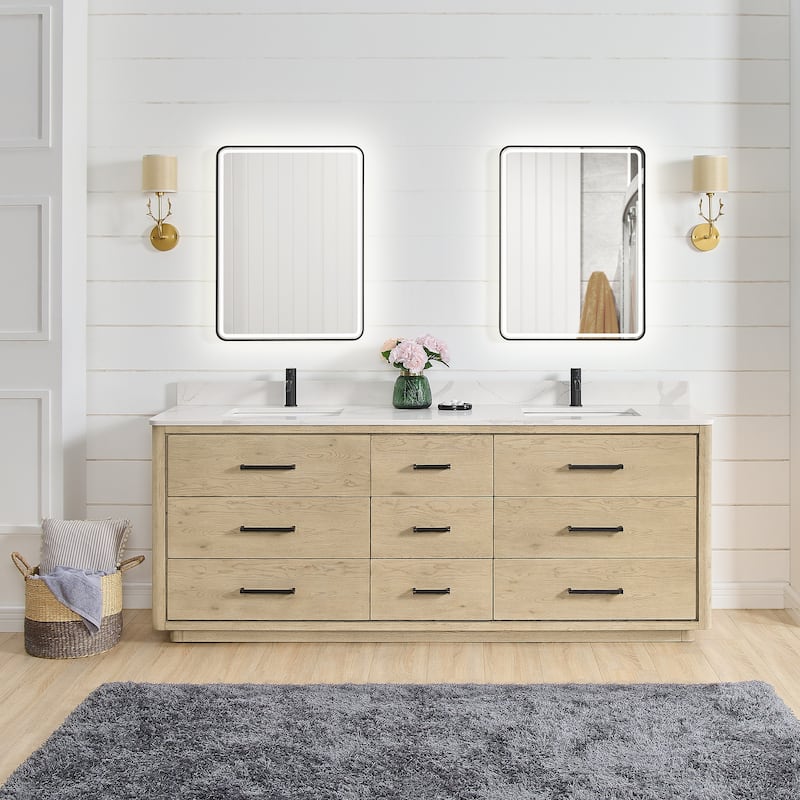 Porto Bath Vanity with White Quartz Stone Top and Mirror - 84in. - Aged Natural Oak